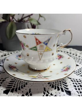 Elizabethan Bone China Cup & Saucer Order of the Eastern Star OES Masonic Vtg